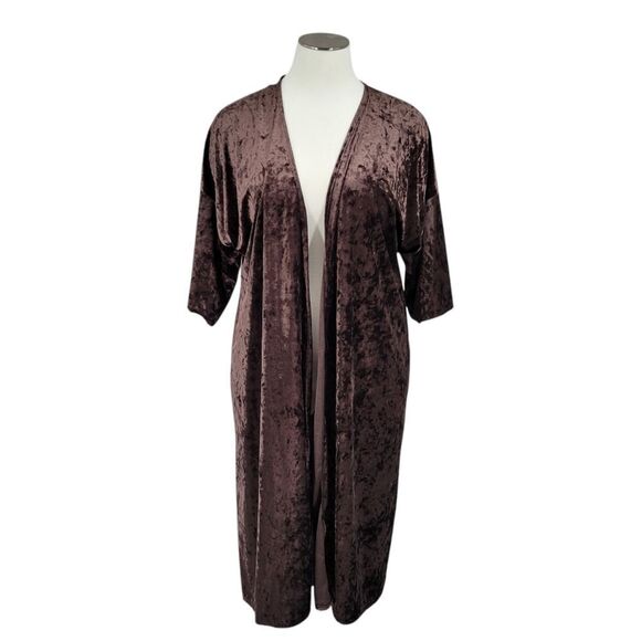 Lovely J Chocolate Brown Crushed Velvet Longline Duster Women's Plus Size 3XL - Picture 1 of 9